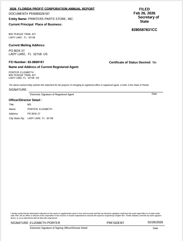 2026 Florida Profit Corporation Annual Report for Printers Parts Store, Inc.